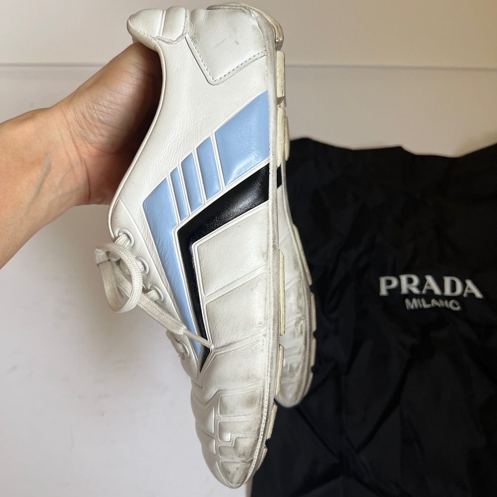 Prada womens White Leather Sneakers with Light Blue and Black Accents size 36 - Picture 8 of 13